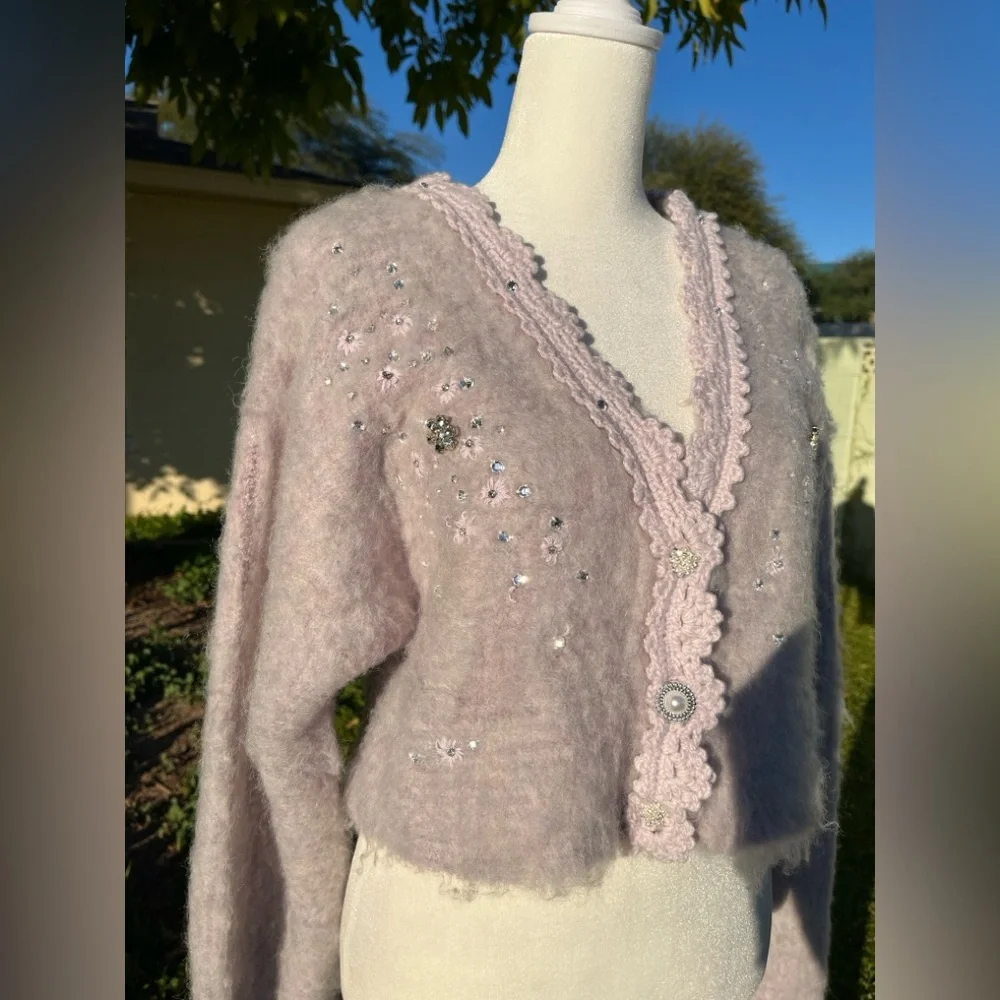 Urban Outfitters holiday party sweater in lilac, w/ pearls & rhinestones. Size M - Picture 6 of 11
